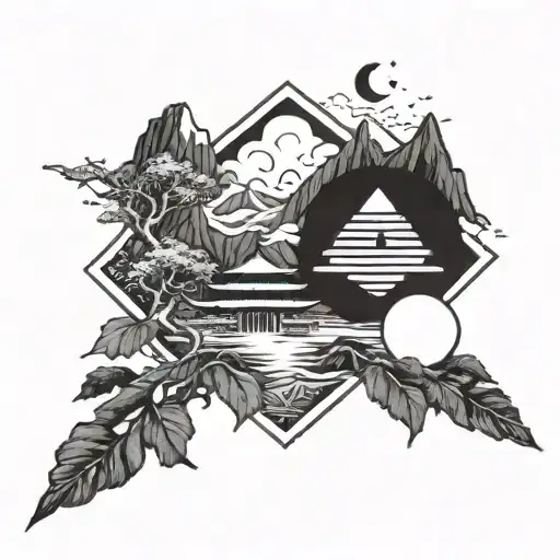 Combine Martial Arts Symbols With Elements Of Nature Like Mountains And Rivers