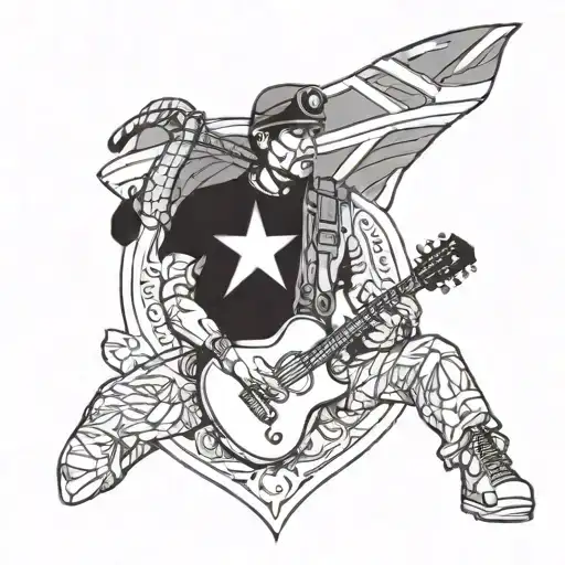 A Blackwork Tattoo Of A Soldier Playing A Guitar With The Grenada Flag In The Background