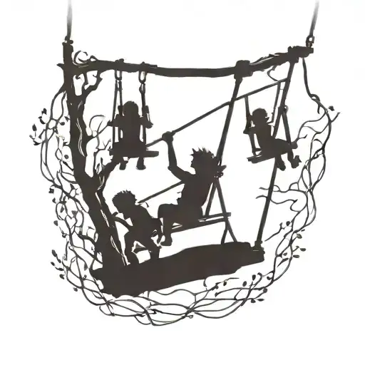 3 Silhouettes Of Children On A Swing Hanging