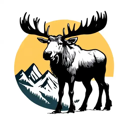 Black Outline Moose Standing Tall With Mountains
