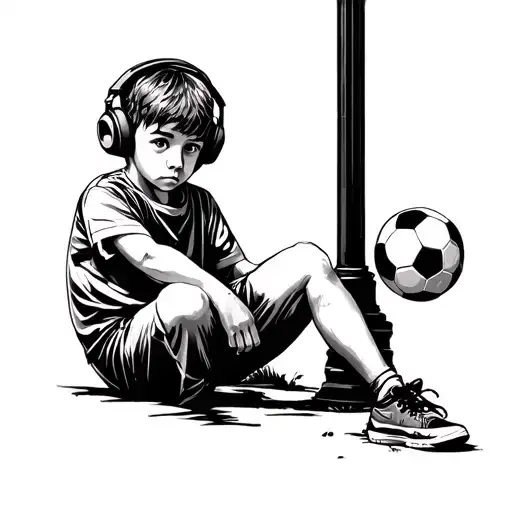 Child Sitting Along A Lamppost With A Soccer Ball Beside It And Wearing Headphones