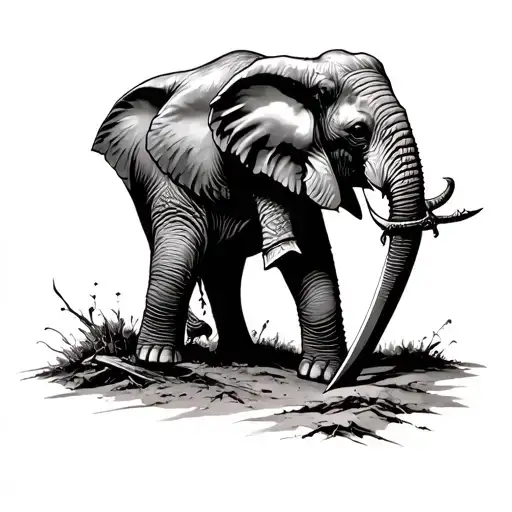 Abused Elephant That Has Gone Through A War Holding A Sword With His Trunk In The Ground