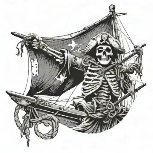 A Pirate Skeleton Climbs Up The Mast And Reaches Out To The Flag At The Top Of The Mast