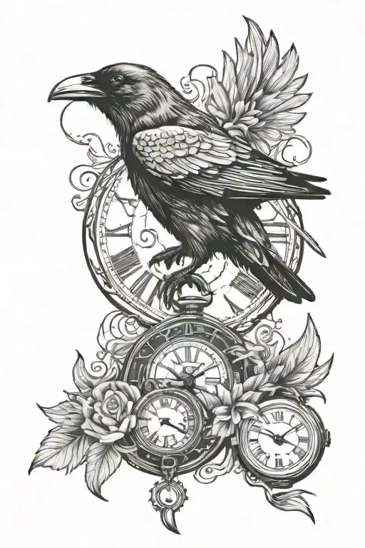 Raven With A Pocket Watch Around Its Neck Surrounded By Two Smaller Swallows