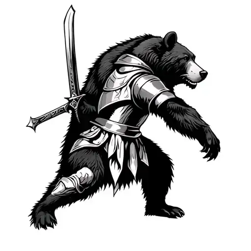 Knight With Sword Fighting Bear On Its Hind Legs