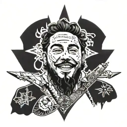 A Tattoo Of Post Malone's Signature Face Tattoos Combined With A Traditional Dagger Design