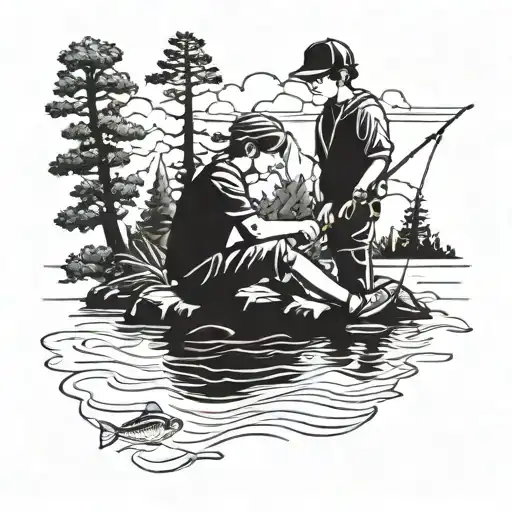 Boy Fishing In The Shade Of A Pine Tree