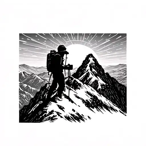 A Silhouette Of A Hiker With A Camera On A Mountain Peak At Sunset