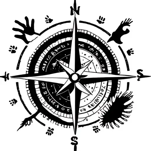 A Stylized Compass Rose Surrounded By Different Animal Tracks In A Blackwork Style