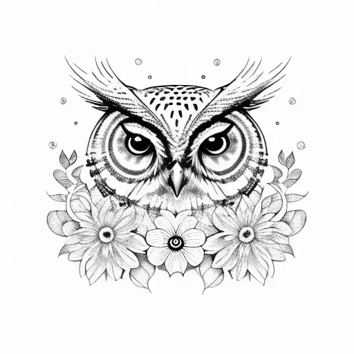 Realitstic Owl With Wild Flowers