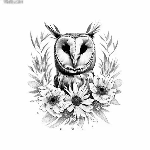 Realistic Barn Owl Full Body With Wild Flowers