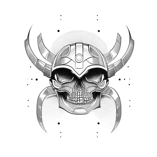 A Skull Wearing Viking Helmet With Futuristic Cybernetic Enhancements