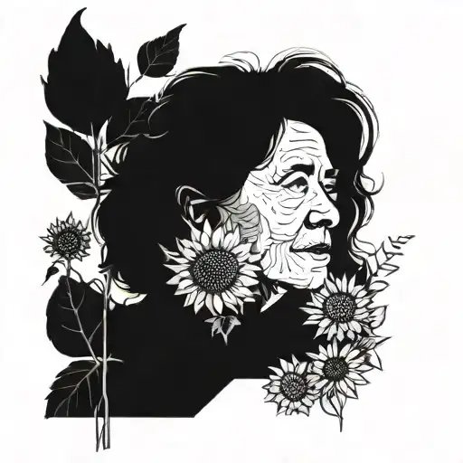 Create A Portrait Of A Grandmother Surrounded By Sunflowers