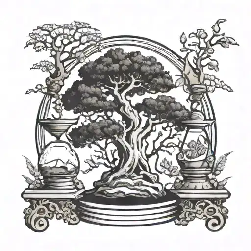 A Bonsai Inside An Hourglass That Has Bones And Black Astromelias