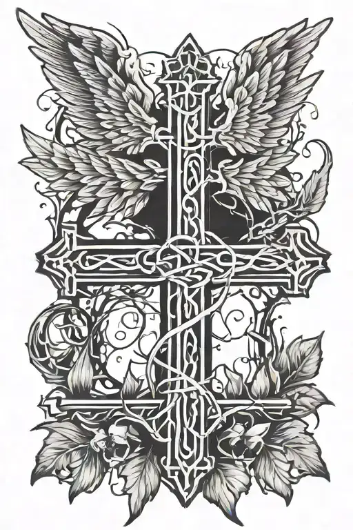 Crown Of Thorns On Spine With Cross On Top And Angel Wings Come Out Of Cross