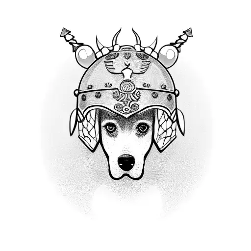 A Blackwork Tattoo Of A Dog Wearing A Greek Warrior Helmet