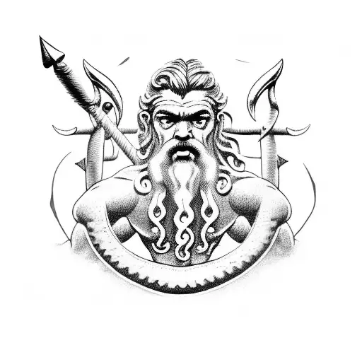 Poseidon With His Trident On Top Of A Wave With Crabs And The Iemanja Symbol
