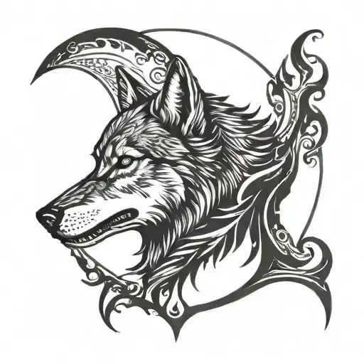 Crescent Moon Behind Howling Wolf Howling