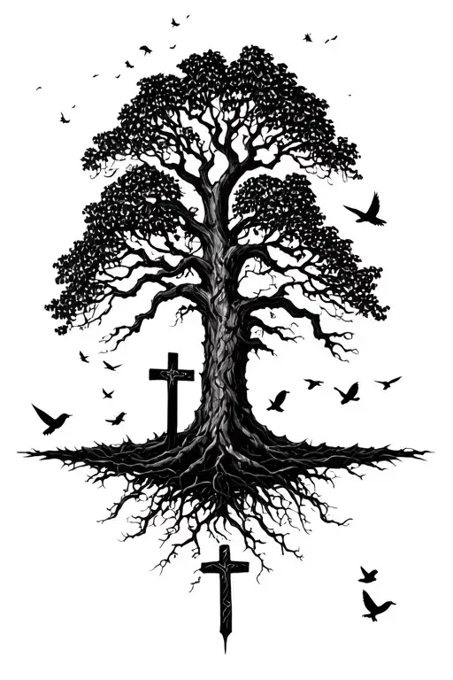 A Big Tree With Small Black Birds Flying Around And One Big One Holding A Cross