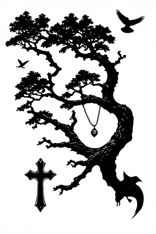 Big Tree With Small Black Bids And A Dove Carring A Cross Necklace Up