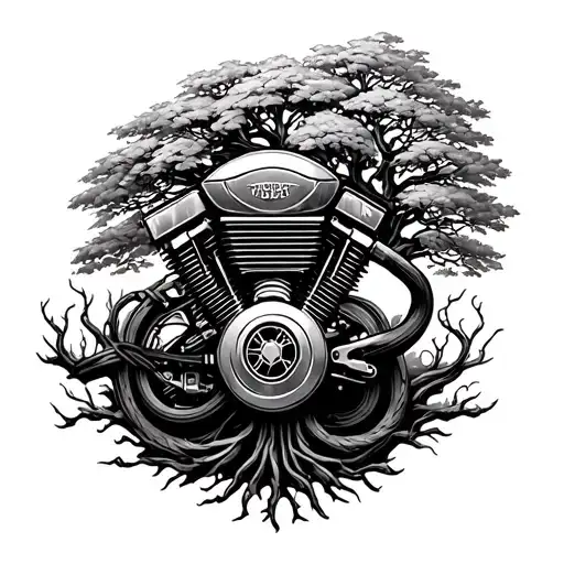 Harley Motorcycle Engine Intertwined With A Tree Of Life Design