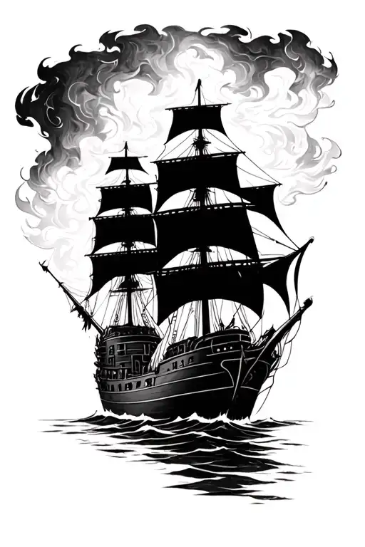 Burning Ships With Damaged Sails On Fire