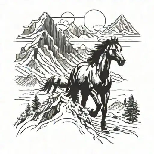 A Majestic Mountain Range With A Herd Of Wild Horses Running Through It