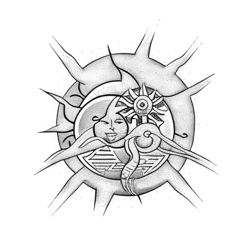 A Sun And Moon Combination With Musical Notes As Rays