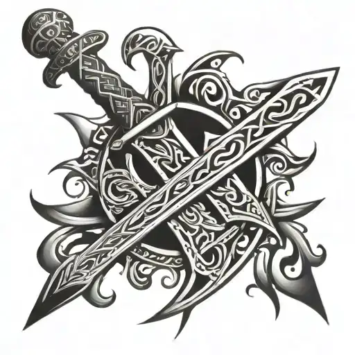 A Stylized Black And White Sword Surrounded By Tribal Symbols