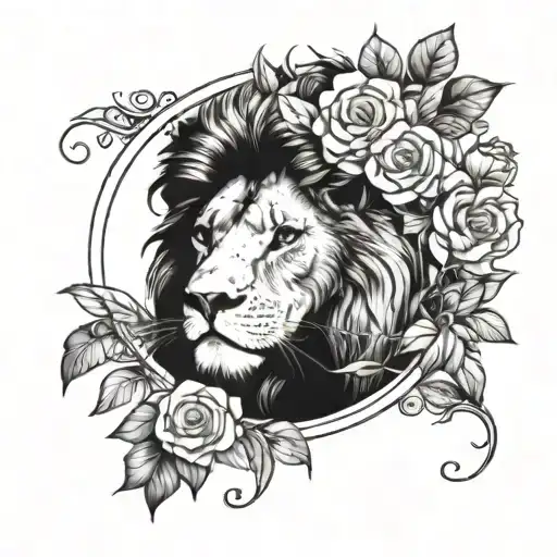 A Majestic Female Lion Surrounded By A Wreath Of Roses