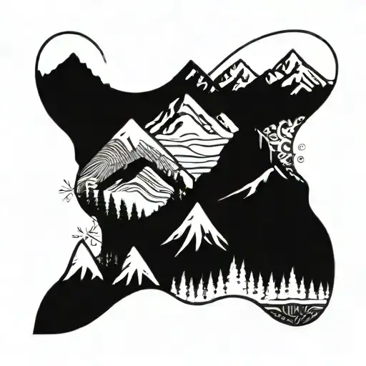 A Silhouette Of Three Mountain Peaks With Intricate Garden Details Woven Into The Design