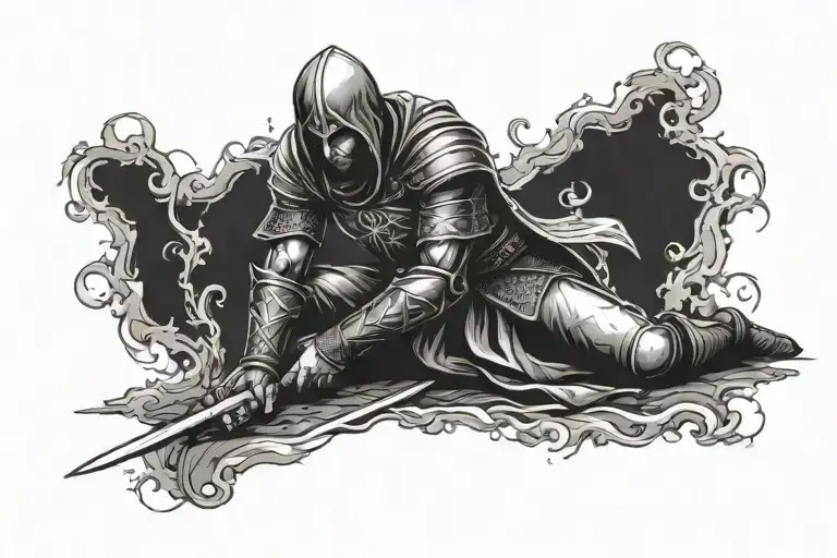 Medieval Warrior On His Knees With A Sword With Handles