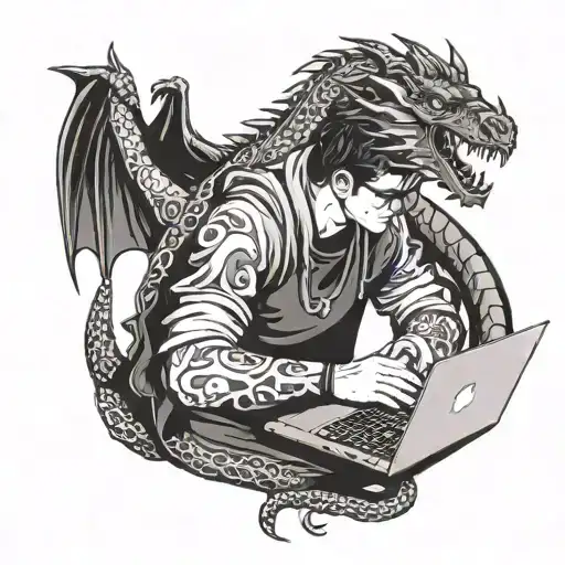 A Programmer Coding On A Laptop With A Dragon Wrapping Around Their Arm