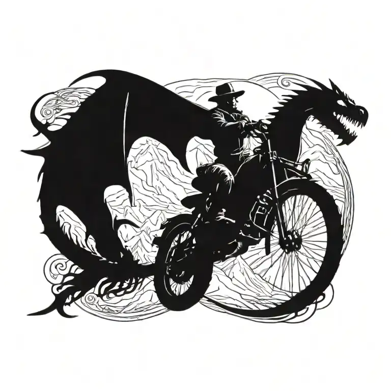 A Cowboy Riding A Harley Davidson Motorcycle Through A Mountain Range With A Dragon Flying Overhead