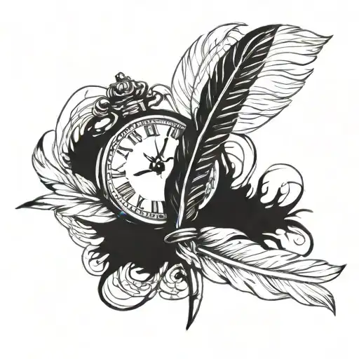 Writing Pen With A Feather Drawing A Clock