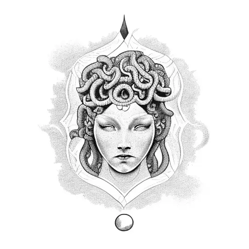 A Blackwork Tattoo Of Medusa With Aquarius Symbol As Her Third Eye