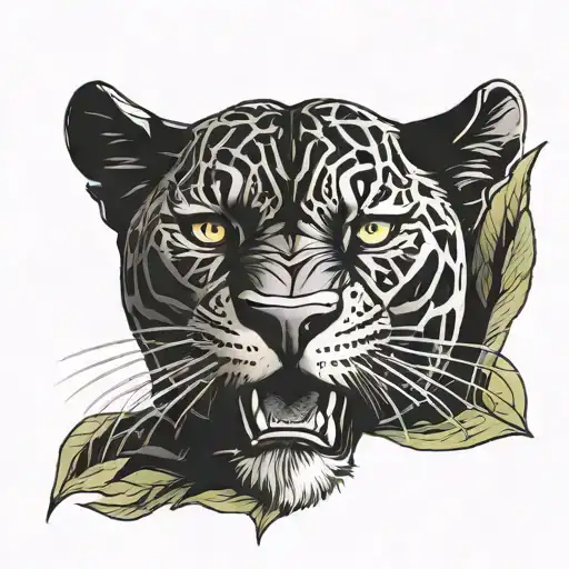 Black Panther Roaring From The Front With Colored Tongue And Leaves Protruding Around The Panther