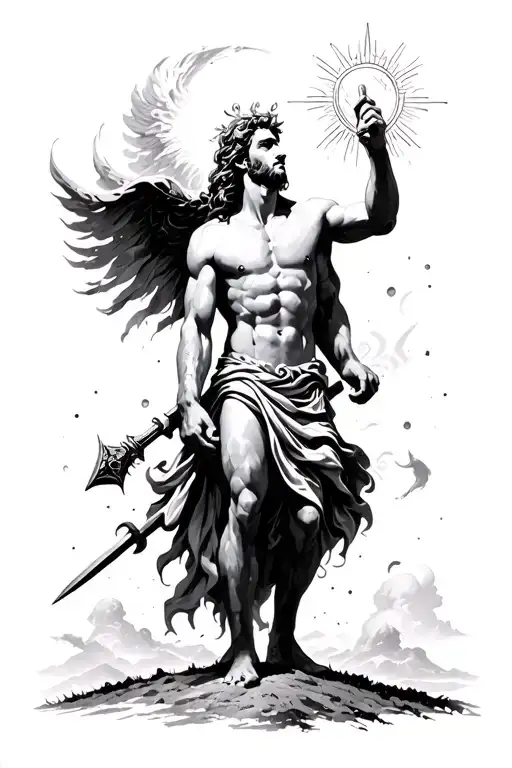 Aires God On Battle Field Looking At The Sky And Aquarius God Shinning