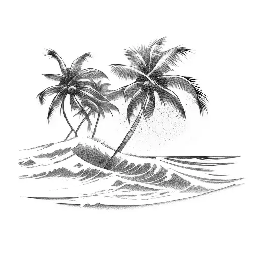 A Tropical Beach Scene With Palm Trees And Waves Crashing On The Shore