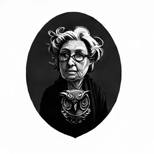 A Gray-haired Old Woman With An Owl Athene Cunicularia On Her Shoulder