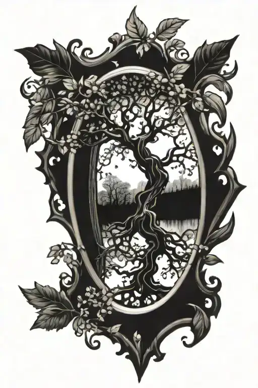Mirror With A Elegant Leafy Frame Reflecting A Magical Tree