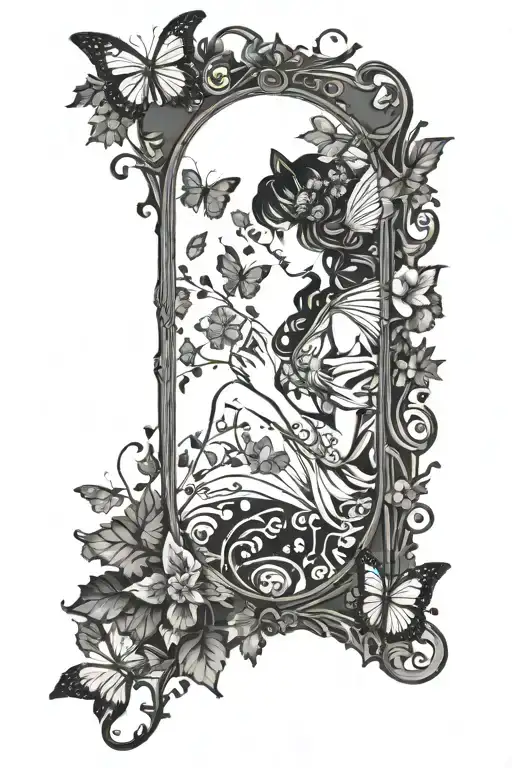 Mirror With A Magical Elegant Leaf Frame Reflecting Beautiful Fairy And Butterflies
