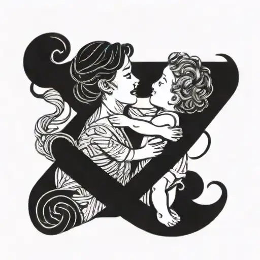 A Blackwork Tattoo Of A Mother And Son Reaching Towards Each Other