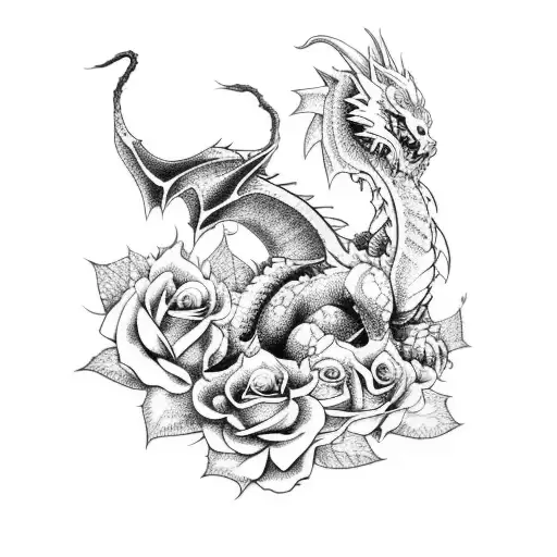 A Manga-inspired Dragon Design With A Blend Of Roses And Blackwork