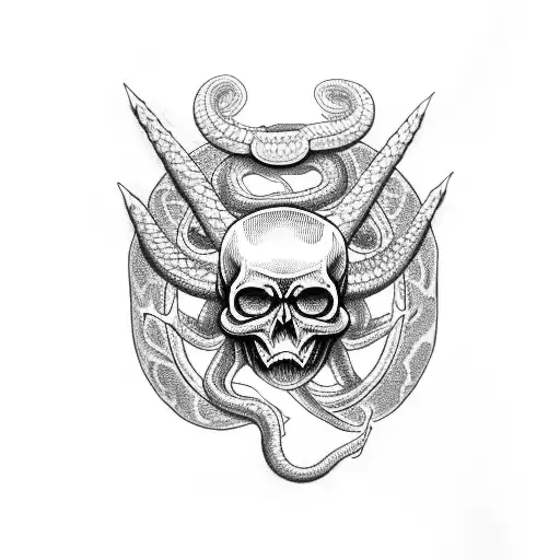 Ash Skull With 6 Horns And A Snake Around The Neck