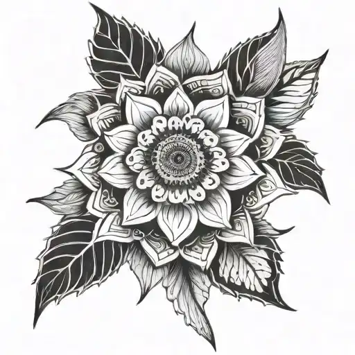 A Mandala Design Incorporating Sunflower Petals And Geometric Shapes