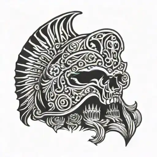 Spartan Helmet And Santa Muerte Sitting On