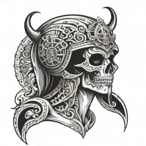 Sexy Santa Muerte Holding Spartan Helmet Adorned