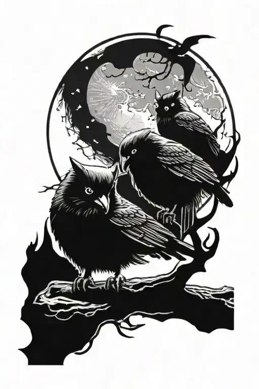 Moon And Bat And Raven Perched