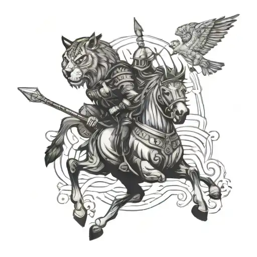 A Combination Tattoo Of A Viking Design Owl And A Horse In A Fierce Battle Scene